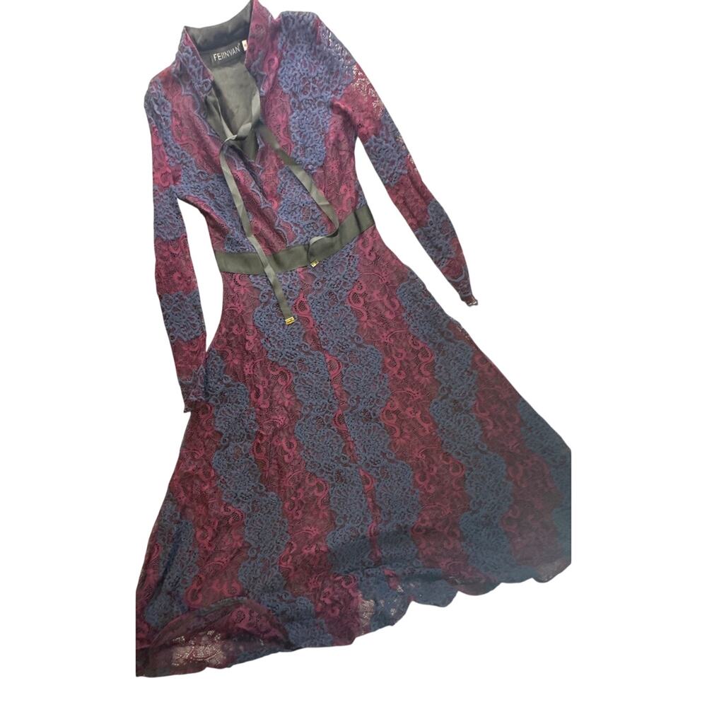 FEINVAN Midi Dress Floral Lace Long Sleeve Elegant Cocktail Gown